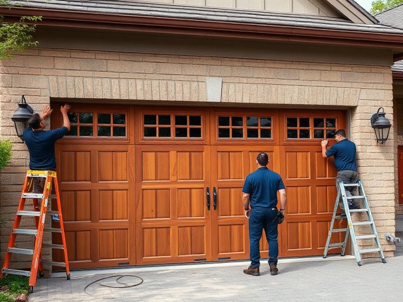 Professional garage door installation team working on rustic wood grain door