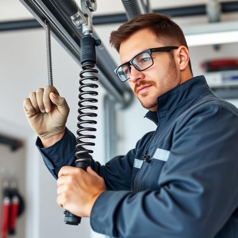 Professional garage door technician balancing spring tension with precision
